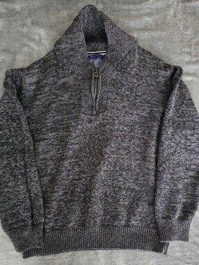 Alan Flusser Charcoal Gray Marled Half Zip Shawl Collar Cotton Sweater XL